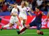 Norway's Ingrid Moe Wold, right, tries to block a shot of England's Beth Mead, left, during the Women's World Cup quarterfinal soccer match between Norway and England at the Oceane stadium in Le Havre, France, Thursday, June 27, 2019. (AP Photo/Francisco Seco)