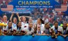 United States' players celebrate after the Women's World Cup final soccer match between US and The Netherlands at the Stade de Lyon in Decines, outside Lyon, France, Sunday, July 7, 2019. (AP Photo/Alessandra Tarantino)