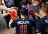 Atlanta Braves' Ender Inciarte (11) celebrates after scoring against the Arizona Diamondbacks during the third inning of a baseball game Thursday, May 9, 2019, in Phoenix. (AP Photo/Ross D. Franklin)