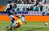 Atalanta's Duvan Zapata, left, scores during the Serie A soccer match between Atalanta and Parma at the Ennio Tardini Stadium in Parma, Italy, Sunday, March 31, 2019. (Elisabetta Baracchi/ANSA via AP)