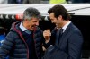 Real Sociedad's coach Imanol Alhuacil, left and Real Madrid's coach Santiago Solari laugh before the start of a Spanish La Liga soccer match between Real Madrid and Real Sociedad at the Santiago Bernabeu stadium in Madrid, Spain, Sunday, Jan. 6, 2019. (AP Photo/Paul White)