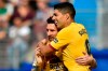Barcelona's Luis Suarez, celebrates after scoring his side's third goal with Lionel Messi during a Spanish La Liga soccer match between Eibar and FC Barcelona at the Ipurua stadium in Eibar, Spain, Saturday Oct. 19, 2019. (AP Photo/Alvaro Barrientos)