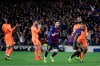 Barcelona's Lionel Messi, centre, celebrates after scoring his side's third goal during the Champions League round of 16, 2nd leg, soccer match between FC Barcelona and Olympique Lyon at the Camp Nou stadium in Barcelona, Spain, Wednesday, March 13, 2019. (AP Photo/Emilio Morenatti)