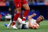 Tottenham's Harry Kane lies on the ground as Liverpool's Virgil Van Dijk controls the ball during the Champions League final soccer match between Tottenham Hotspur and Liverpool at the Wanda Metropolitano Stadium in Madrid, Saturday, June 1, 2019. (AP Photo/Bernat Armangue)