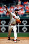 Philadelphia Phillies' Jake Arrieta pitches during the first inning of a baseball game against the Minnesota Twins, Saturday, April 6, 2019, in Philadelphia. (AP Photo/Matt Slocum)