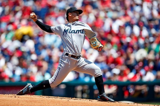 Miami Marlins' Jordan Yamamoto pitches during the first inning of a baseball game against the Philadelphia Phillies, Sunday, June 23, 2019, in Philadelphia. (AP Photo/Matt Slocum)