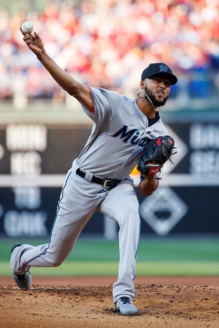 Miami Marlins' Sandy Alcantara pitches during the first inning of the team's baseball game against the Philadelphia Phillies, Friday, June 21, 2019, in Philadelphia. (AP Photo/Matt Slocum)