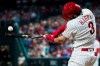 Philadelphia Phillies' Bryce Harper breaks his bat as he pops out during the third inning of a baseball game against the Detroit Tigers, Tuesday, April 30, 2019, in Philadelphia. (AP Photo/Matt Rourke)