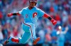 Philadelphia Phillies' Jean Segura celebrates after hitting a game-winning three-run home run off New York Mets relief pitcher Edwin Diaz during the ninth inning of a baseball game, Thursday, June 27, 2019, in Philadelphia. Philadelphia won 6-3. (AP Photo/Matt Slocum)