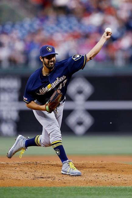 Milwaukee Brewers' Gio Gonzalez pitches during the first inning of the team's baseball game against the Philadelphia Phillies, Wednesday, May 15, 2019, in Philadelphia. (AP Photo/Matt Slocum)