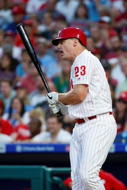 Philadelphia Phillies' Jay Bruce reacts after striking out against Miami Marlins starting pitcher Sandy Alcantara during the third inning of a baseball game Friday, June 21, 2019, in Philadelphia. (AP Photo/Matt Slocum)