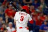 Philadelphia Phillies' Bryce Harper is hit by a pitch from Miami Marlins reliever Jose Quijada during the fourth inning of a baseball game, Saturday, Sept. 28, 2019, in Philadelphia. (AP Photo/Matt Slocum)