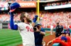 Philadelphia Phillies' Bryce Harper celebrates after hitting a home run off Atlanta Braves relief pitcher Jesse Biddle during the seventh inning of a baseball game Saturday, March 30, 2019, in Philadelphia. (AP Photo/Matt Slocum)
