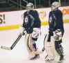 JOE BRYKSA / WINNIPEG FREE PRESS
Winnipeg Jets' Ondrej Pavelec, left, chats with Connor Hellebuyck during practice at ice today at the MTS Centre.