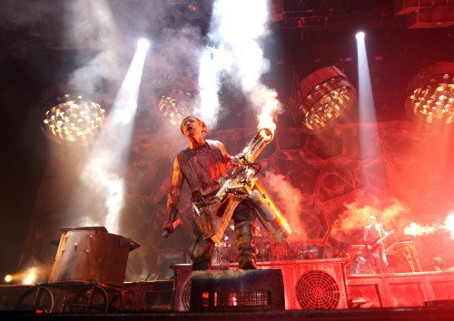 Phil Hossack / Winnipeg Free Press
Rammstein frontman Till Lindemann wields a large flamethrower on stage at the MTS Centre Thursday.