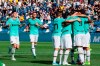 Inter's Romelu Lukaku, right, number 9, celebrates with teammates after scoring during the Italian Serie A soccer match between Sassuolo and Inter Milan at the Mapei Stadium in Reggio Emilia, Italy, Sunday, Oct. 20, 2019. (Elisabetta Baracchi/ANSA via AP)