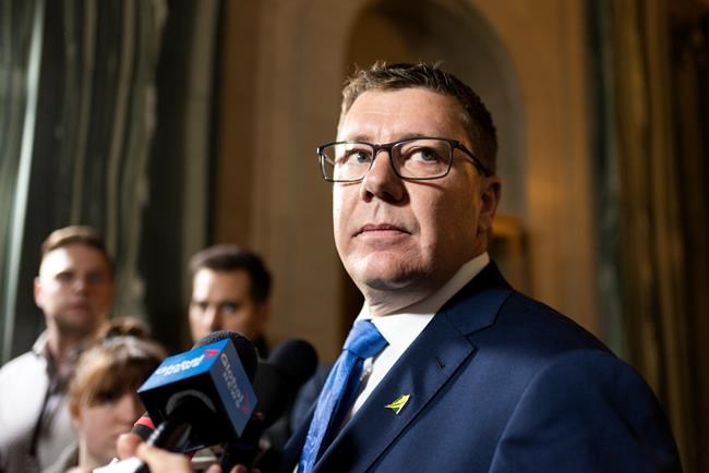 Saskatchewan Premier Scott Moe speaks to media following the 2019 federal election at the Legislative Building in Regina, Tuesday, Oct. 22, 2019. THE CANADIAN PRESS/Michael Bell