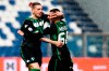 Sassuolo's Merih Demiral jubilates with his teammate Mehdi Bourabia, right, after scoring his second goal during the Italian Serie A soccer match between Sassuolo and Chievo Verona at Mapei Stadium in Reggio Emilia, Italy, Thursday, April 4, 2019. (Elisabetta Baracchi/ANSA via AP)