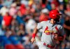 St. Louis Cardinals' Matt Carpenter watches his ball as he runs toward first after hitting a home run, during the seventh inning of a baseball game against the Cincinnati Reds in Monterrey, Mexico, Sunday, April 14, 2019. (AP Photo/Rebecca Blackwell)