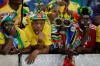 South Africa fans react as their team is knocked out of the African Cup of Nations tournament after losing to Mali on penalties in their quarterfinal soccer match, at Moses Mabhida Stadium in Durban, South Africa, Saturday, Feb. 2, 2013. (AP Photo/Rebecca Blackwell)