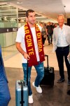New Roma player Henrikh Mkhitaryan arrives at Rome's Fiumicino international airport, Monday, Sept. 2, 2019. (Telenews/ANSA via AP)
