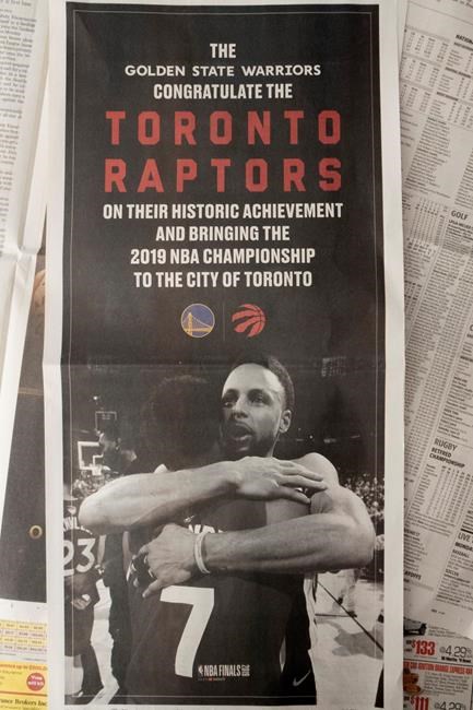 A full-page ad in the Toronto Star from the Golden State Warriors congratulating the Toronto Raptors on their NBA Championship is shown in Toronto on Monday, June 17, 2019. THE CANADIAN PRESS/Graeme Roy