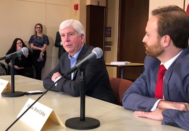 Michigan Gov. Rick Snyder, a Republican, speaks with reporters about his eight-year tenure and the Legislature’s lame-duck session on Tuesday, Dec. 11, 2018, at his offices in Lansing, Mich. He did not tip his hand when asked about GOP-backed lame-duck legislation to dilute the authority of Democrats taking over top offices in January. He said he is not a