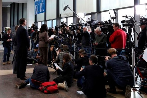 Assistant State's Attorney Risa Lanier, center left, speaks at a news conference at the Leighton Criminal Courthouse Thursday, Feb. 21, 2019, in Chicago after a judge has set a $100,000 bond for 