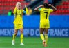 Sweden's Stina Blackstenius, left, and Sweden's Madelen Janogy, right, celebrate after the Women's World Cup Group F soccer match between Chile and Sweden at the Roazhon Park in Rennes, France, Tuesday, June 11, 2019. (AP Photo/David Vincent)