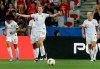 England's Ellen White, front, celebrates after scoring her side's second goal during the Women's World Cup Group D soccer match between Japan and England at the Stade de Nice in Nice, France, Wednesday, June 19, 2019. (AP Photo/Claude Paris)
