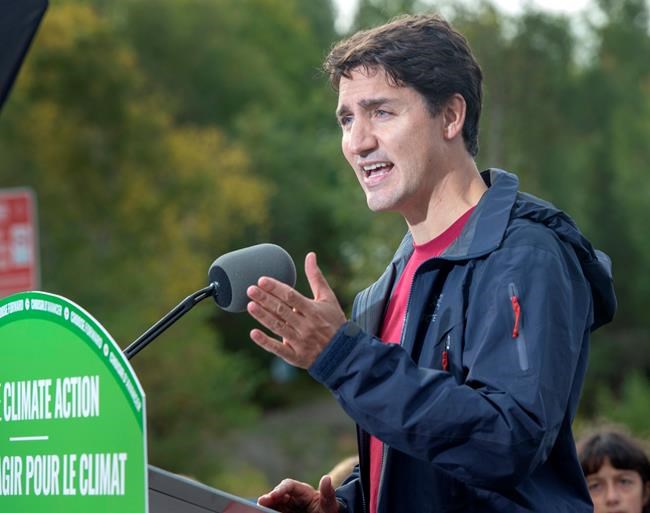 Liberal leader Justin Trudeau speaks to the media while campaigning Thursday, September 26, 2019 in Sudbury, Ontario. THE CANADIAN PRESS/Ryan Remiorz