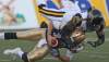 Joe Bryksa / Winnipeg Free Press
Winnipeg Blue Bombers quarterback Joey Elliott is sacked by Hamilton Tiger-Cats' Renauld Williams during second-quarter CFL action at Canad Inns Stadium Thursday.