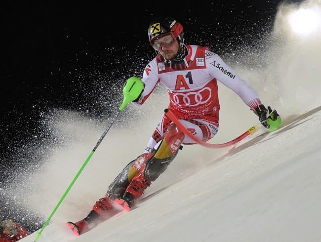 Austria's Marcel Hirscher competes in an alpine ski, men's World Cup slalom in Schladming, Austria, Tuesday, Jan. 29, 2019. (AP Photo/Marco Tacca)