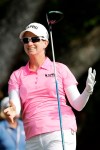 Karrie Webb of Australia, reacts to her shot on ther 15th tee during the second round of the U.S. Women's Open golf tournament, Friday, May 31, 2019, in Charleston, S.C. (AP Photo/Steve Helber)