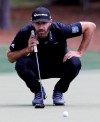 Dustin Johnson lines up a putt on the sixth green during the final round of the RBC Heritage golf tournament at Harbour Town Golf Links on Hilton Head Island, S.C., Sunday, April 21, 2019. Johnson was the third round leader but shot a six over par 77 during the final round. (AP Photo/Mic Smith)