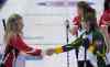 JONATHAN HAYWARD / THE CANADIAN PRESS
Northern Ontario skip Krista McCarville, right, shakes hands with Team Canada skip Jennifer Jones after beating team Canada during the semifinal and advancing to the gold medal game at the Scotties Tournament of Hearts in Grande Prairie, Alta. Saturday.