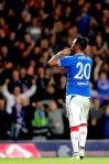 Rangers' Alfredo Morelos acknowledges the fans after the final whistle during the Europa League second leg play-off soccer match between Rangers and Leiga Warsaw at the Ibrox stadium in Glasgow. (Britain Soccer Europa League via AP)