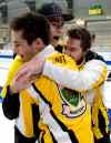Michael Burns photo
Manitoba skip Matt Dunstone, third Colton Lott and second Kyle Doering celebrate after defeating Northern Ontario 11-4 to capture the men's Canadian junior curling championship.