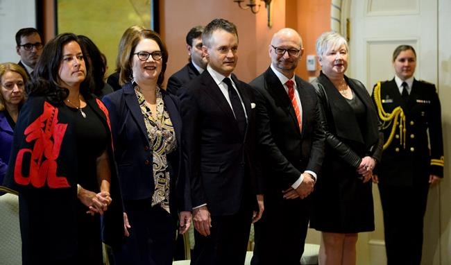Veterans Affairs Minister Jody Wilson-Raybould (left to right), Treasury Board President Jane Philpott, Indigenous Services Minister Seamus O'Regan, Justic Minister David Lametti and Minister of Rural Economic Development Bernadette Jordan attend a swearing in ceremony at Rideau Hall in Ottawa on Monday, Jan. 14, 2019. THE CANADIAN PRESS/Sean Kilpatrick