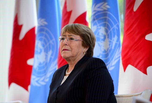 United Nations High Commissioner for Human Rights Michelle Bachelet takes part in a discussion with the Minister of Foreign Affairs Chrystia Freeland in Ottawa on Monday, June 17, 2019. THE CANADIAN PRESS/Sean Kilpatrick