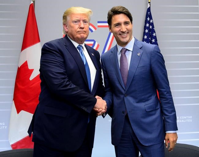 Prime Minister Justin Trudeau takes part in a bilateral meeting with U.S. President Donald Trump during the G7 Summit in Biarritz, France on Sunday, Aug 25, 2019. THE CANADIAN PRESS/Sean Kilpatrick