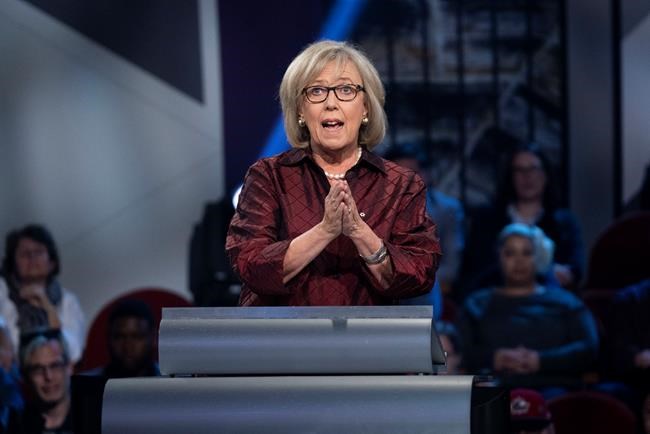 Green Party leader Elizabeth May speaks during the Federal leaders French language debate in Gatineau, Que. on Thursday, October 10, 2019. THE CANADIAN PRESS/Chris Wattie