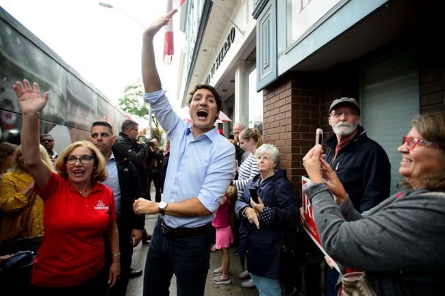 Liberal Leader Justin Trudeau is joined by Liberal candidate Kim Rudd as he makes a whistle stop in Cobourg, Ont., on Sunday, Sept. 15, 2019. THE CANADIAN PRESS/Sean Kilpatrick