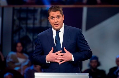 Conservative leader Andrew Scheer takes part in the the Federal leaders French language debate in Gatineau, Que. on Thursday, October 10, 2019. THE CANADIAN PRESS/Adrian Wyld