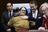 Metis National Council Clement Chartier hugs Jane Philpott, President of the Treasury Board and Minister of Digital Government, during a press conference regarding the introduction of Bill C-92, An Act respecting First Nations, Inuit and Métis children, youth and families in Ottawa on Thursday, Feb. 28, 2019. Indigenous Services Minister, Seamus O'Regan, back right, and Natan Obed, president of Inuit Tapiriit Kanatami, look on. THE CANADIAN PRESS/Sean Kilpatrick