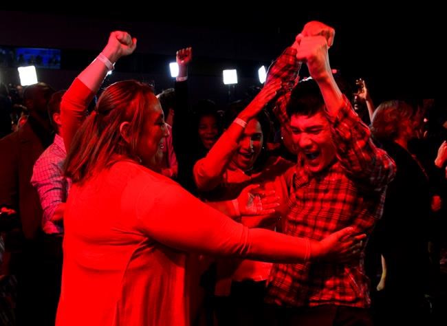 Liberal supporters react as poll numbers come in at Liberal election headquarters in Montreal on Monday Oct. 21, 2019. THE CANADIAN PRESS/Sean Kilpatrick