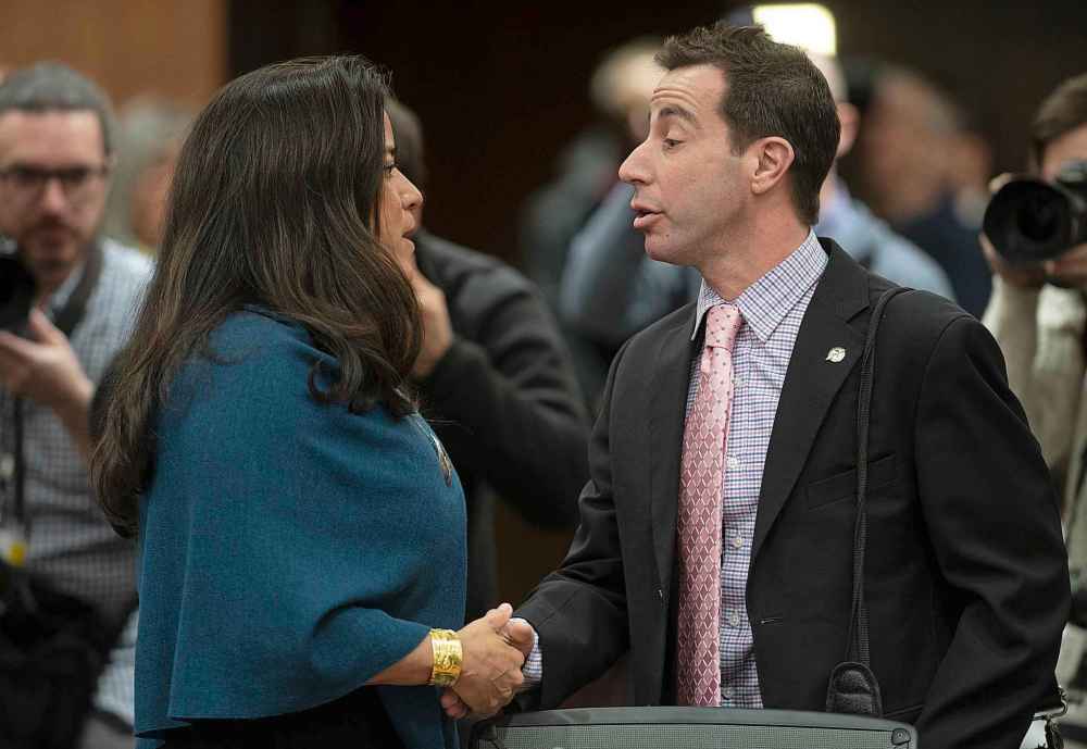 Adrian Wyld / THE CANADIAN PRESS
Wilson-Raybould shakes hands with Justice Committee Chair Anthony Housefather before her testimony.