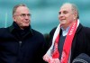 Karl Heinz Rummenigge, left, CEO of FC Bayern Munich, and Uli Hoeness, right, President of FC Bayern Munich arrive the German Bundesliga soccer match between Hannover 96 and FC Bayern Munich in Hannover, Germany, Saturday, Dec. 15, 2018. (AP Photo/Michael Sohn)