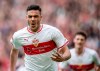 Stuttgarts Ozan Kabak, left, celebrates after scoring his side's second goal during the German Bundesliga soccer match between VfB Stuttgart and Hannover 96 in Stuttgart, Germany, Sunday, March 3, 2019. (Sebastian Gollnow/dpa via AP)