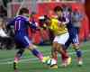 PHIL HOSSACK / WINNIPEG FREE PRESS
Equador's #9 Giannina Lattanzio struggles against Japan's #11 Shinobu Ohno and #19 Saori Aryoshi Tuesday afternoon at the Investors Group Field in FIFA action.